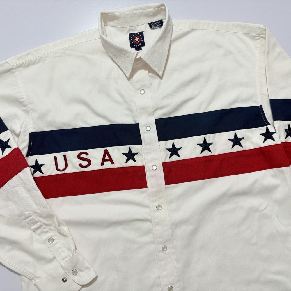 Panhandle Slim Shirt USA Stars Embroidery Red White Blue Pearl Snap Mens Large L